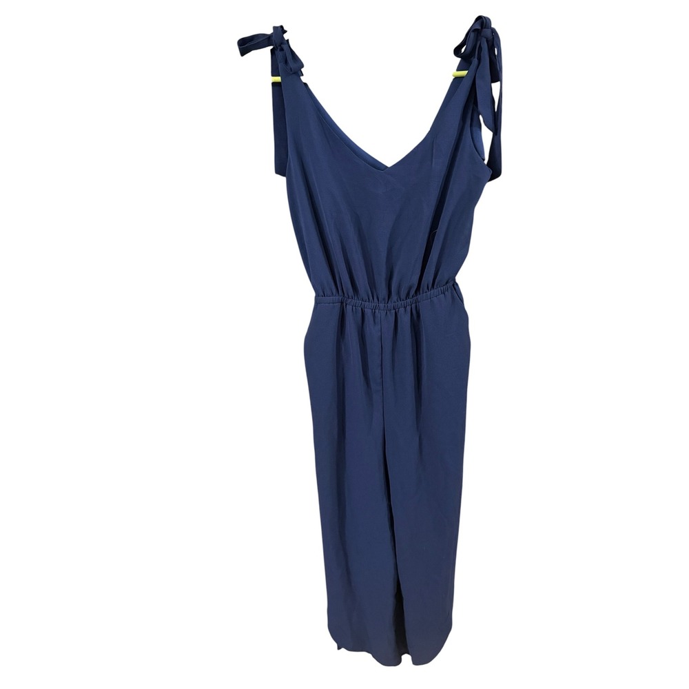 Belongsci Womens Navy Blue Tie Shoulder V-Neck Elastic Waist Wide Leg Jumpsuit S